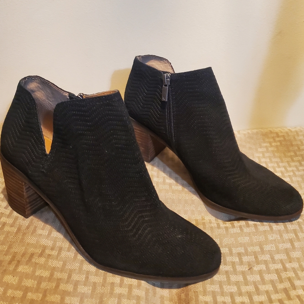 Lucky Brand Black Pickla Side Zip Block Heel Leather Ankle Booties Women’s 9M